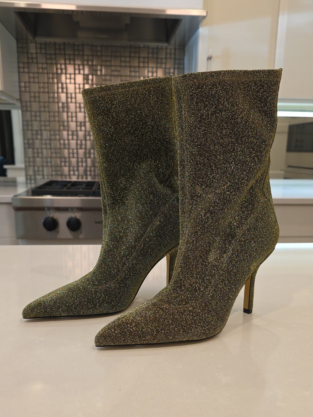 Marc Fisher Olive Green Glitter Pointed-Toe Stiletto Ankle Boots